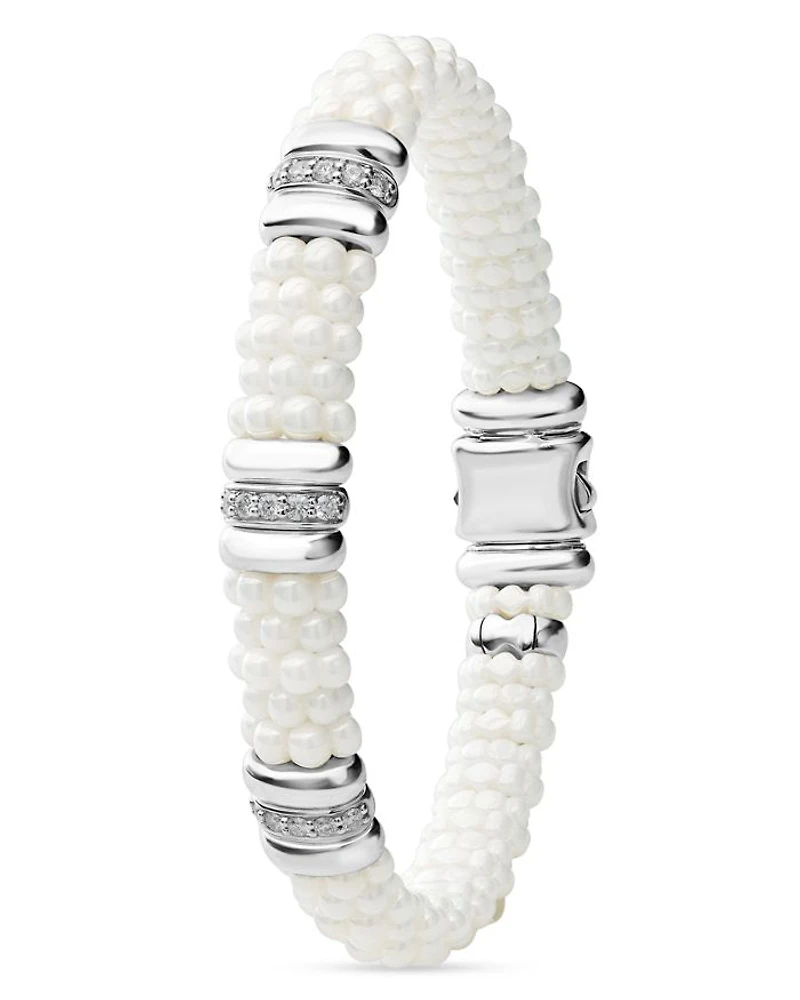 Sterling Silver & Ceramic White Caviar Diamond Three Station Bracelet