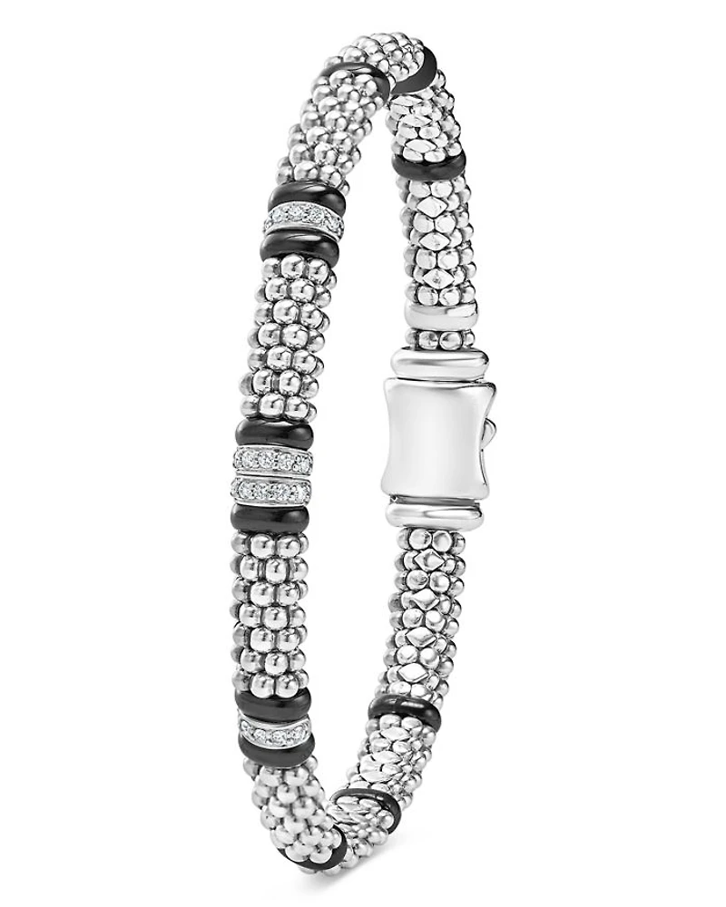 Four Station Diamond Black Caviar Bracelet Sterling Silver
