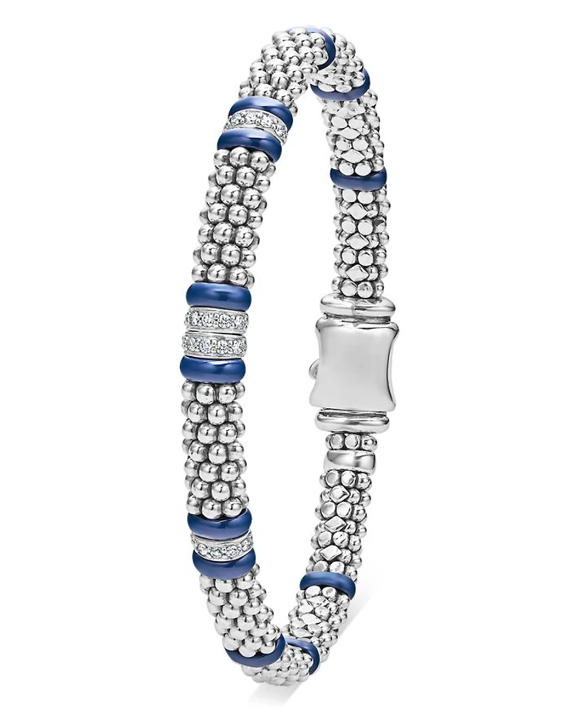 Four Station Diamond Blue Caviar Bracelet Sterling Silver