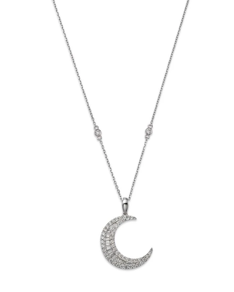 Diamond Baguette & Round Crescent Pendant Necklace in 14K White Gold, 0.62 tcw