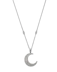 Diamond Baguette & Round Crescent Pendant Necklace in 14K White Gold, 0.62 tcw