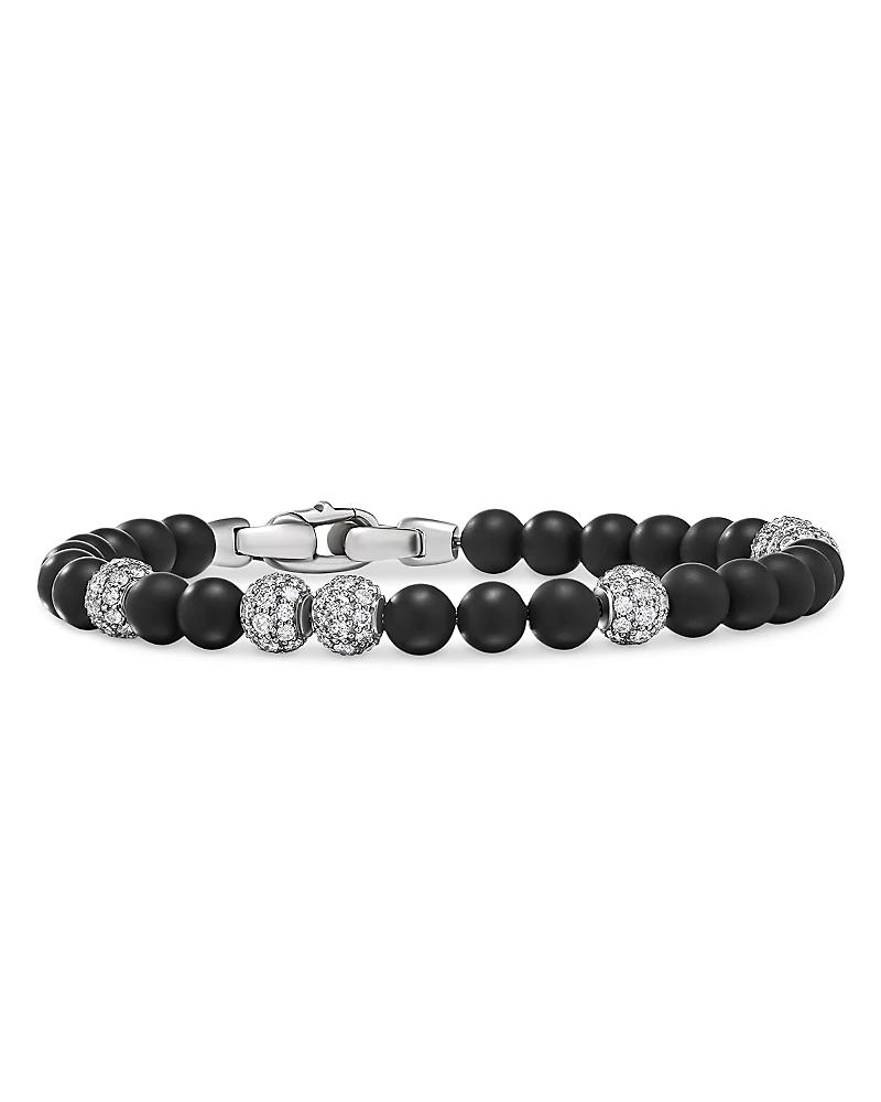 David Yurman Sterling Silver Spiritual Onyx & Pave Diamond Beaded Bracelet