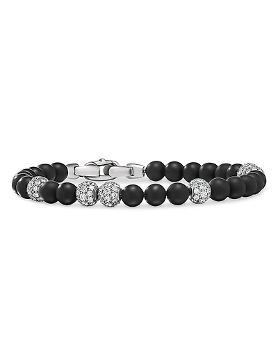 David Yurman Sterling Silver Spiritual Onyx & Pave Diamond Beaded Bracelet