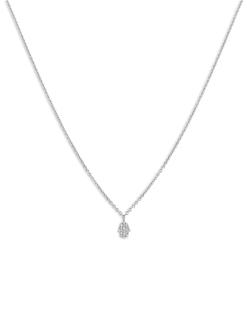 14K White Gold Mini Diamond (0.04 tcw) Hamsa Hand Pendant Necklace, 18"