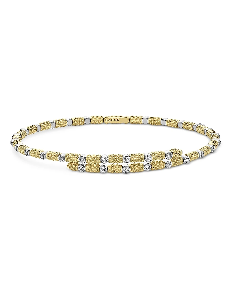 Lagos 18K White & Yellow Gold Signature Caviar Diamond Superfine Cuff Coil Bracelet