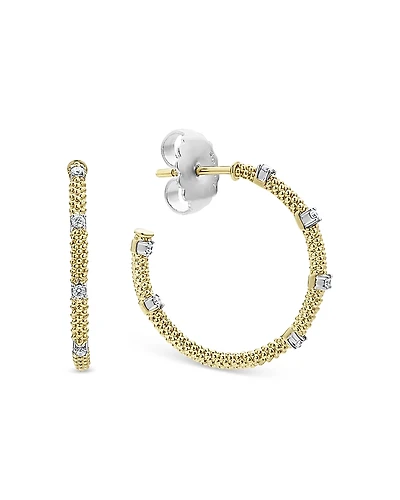 Lagos 18K White & Yellow Gold Caviar Diamond Hoop Earrings