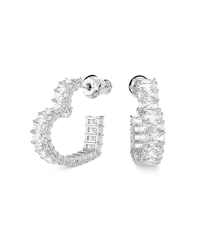 Matrix Baguette Crystal Small Heart Hoop Earrings in Rhodium Plated