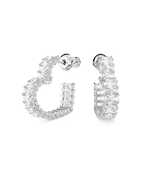 Matrix Baguette Crystal Small Heart Hoop Earrings in Rhodium Plated