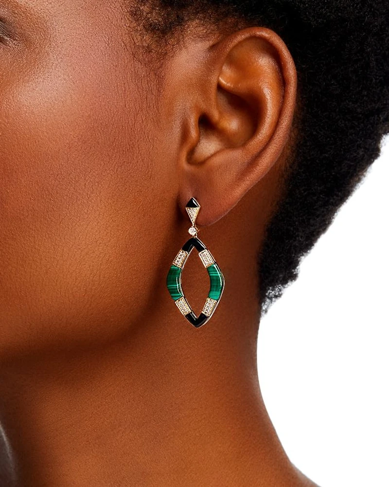 Malachite, Onyx & Diamond Drop Earrings in 14K Yellow Gold