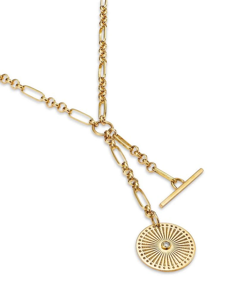 14K Yellow Gold Bezel Diamonds Diamond Sunbeam Medallion Lariat Necklace, 16-18"