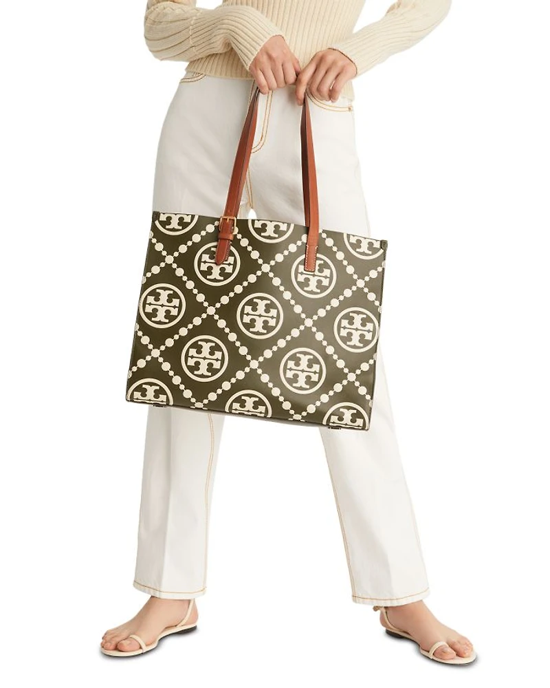 T Monogram Contrast Embossed Leather Tote