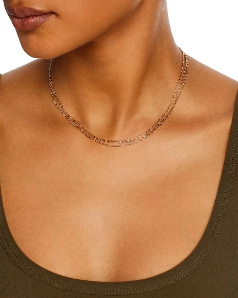 14K Yellow Gold Simple Gold Tube & Bead Triple Layer Necklace, 14-18"