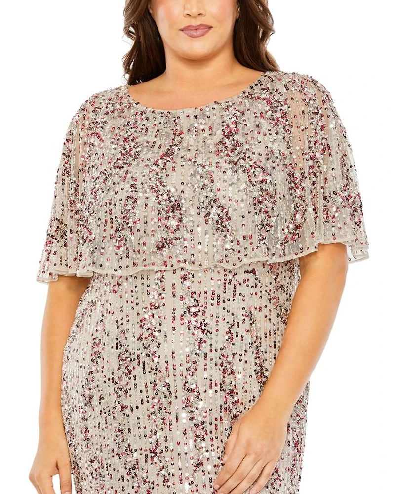 Plus Cape Detail High Neck Column  Gown