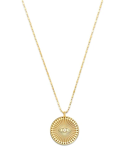 14K Yellow Gold Medallion Evil Eye Sunbeam Disc Pendant Necklace, 18"