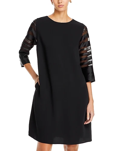 Caroline Rose Sheer Stripe Sleeve Crepe Shift Dress