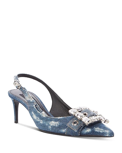 Dolce & Gabbana Women's Distressed Denim Kitten Heel Slingback Pumps