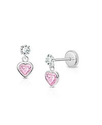 Tiny Blessings Girls' 14K Gold Fearless Heart Pink & Clear Drop Screw Back Earrings - Little Kid, Big Kid