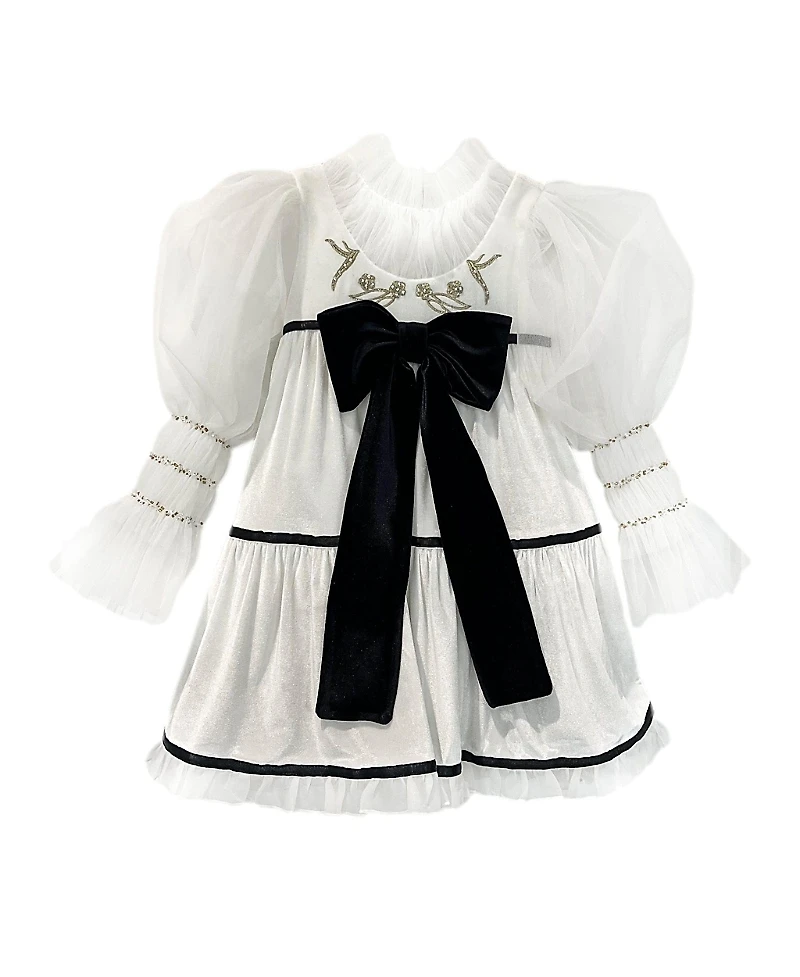 Petite Maison Kids Girls' Aurora Ivory Velour Dress with Tulle Puff Sleeves - Baby, Little Kid, Big Kid