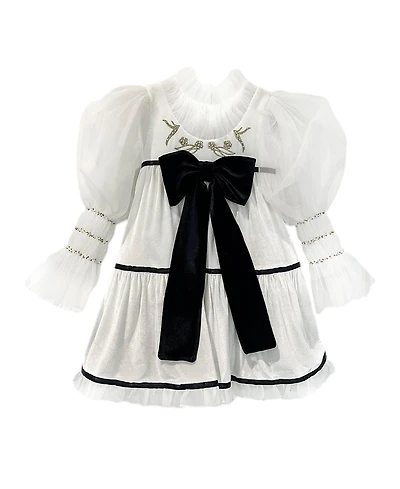 Petite Maison Kids Girls' Aurora Ivory Velour Dress with Tulle Puff Sleeves - Baby, Little Kid, Big Kid