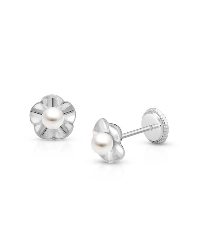 Girls' 14K Gold Ruffled Petals with Cultured Pearl Studs Screw Back Earrings - Children