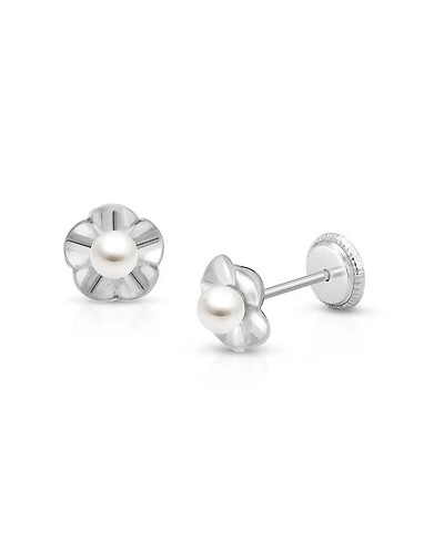 Girls' 14K Gold Ruffled Petals with Cultured Pearl Studs Screw Back Earrings - Children