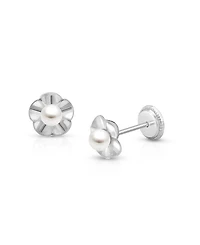 Girls' 14K Gold Ruffled Petals with Cultured Pearl Studs Screw Back Earrings - Children