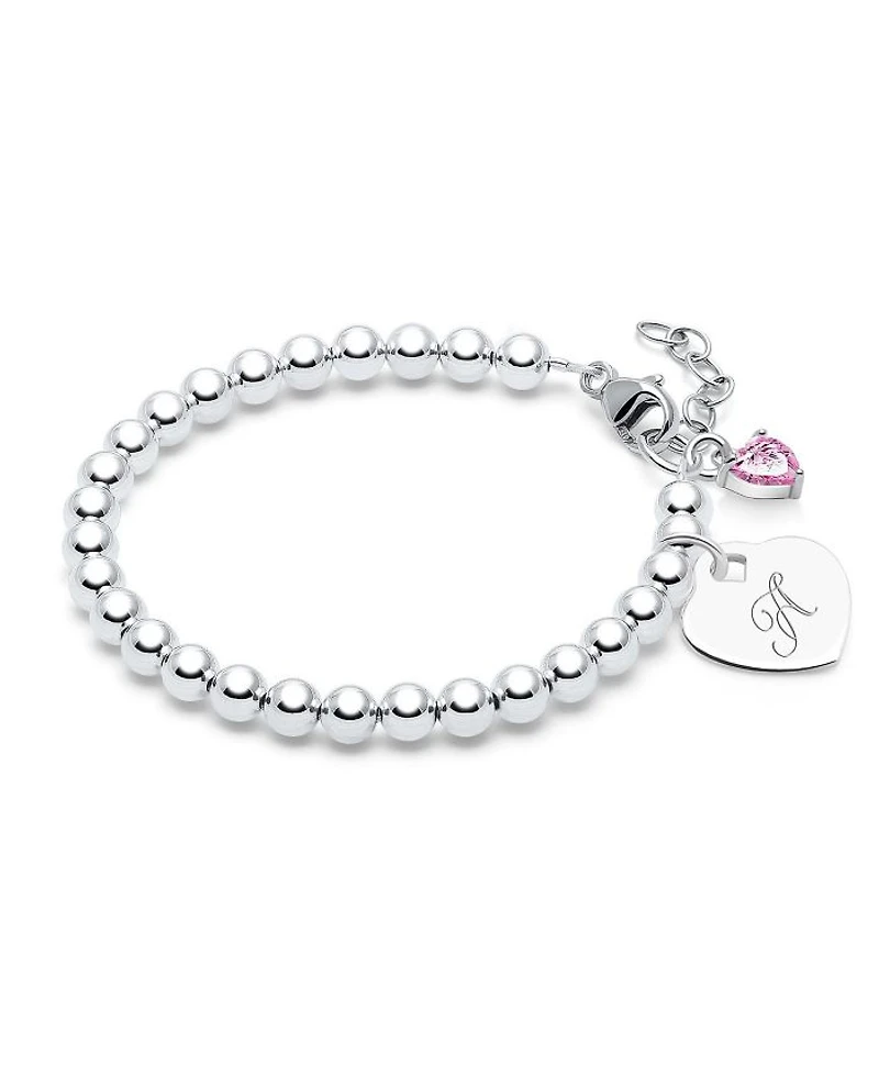 Children's Sterling Silver 4mm Beads & Engraved Initial Girls' 6.25" Bracelet