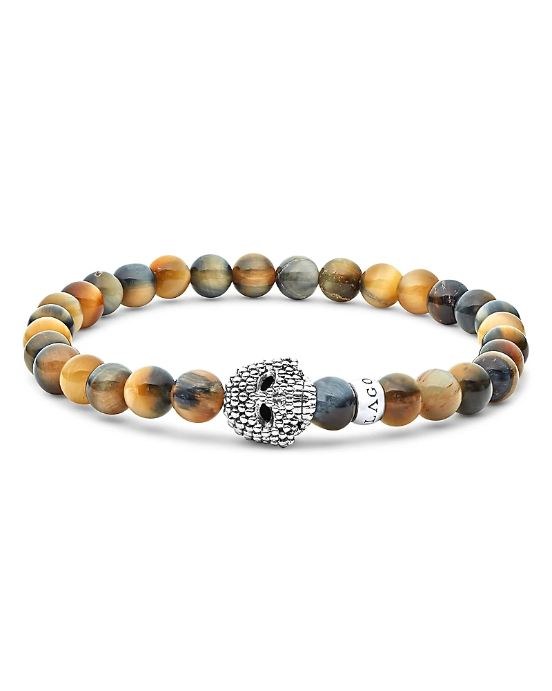Lagos Men's Sterling Silver Anthem Tiger Eye Bead Skull Stretch Bracelet - Exclusive
