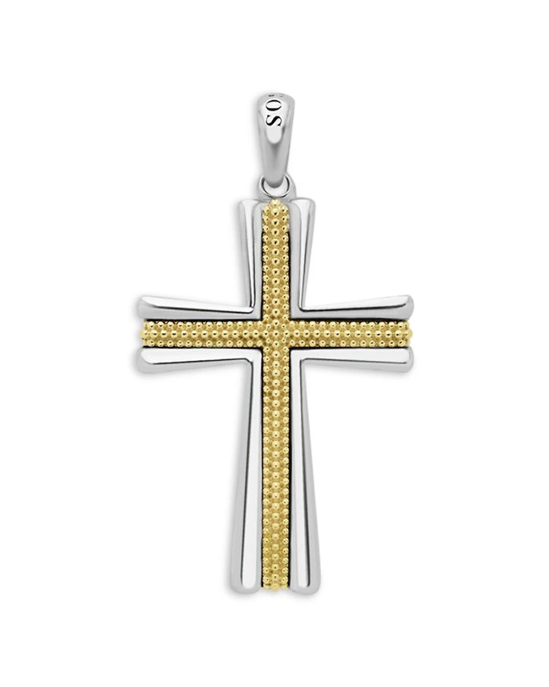Men's 18K Yellow Gold & Sterling Silver Anthem Caviar Bead Cross Pendant