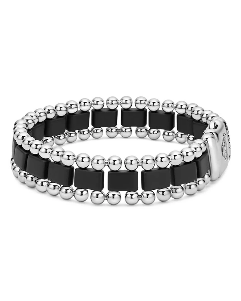 Men's Sterling Silver Anthem Obsidian Bead Skull Stretch Bracelet