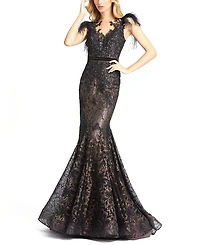 Embellished Feather Cap Sleeve Illusion Neck Trumpet Gown