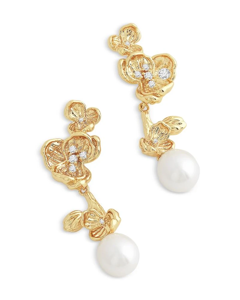 Pavé & Cultured Freshwater Pearl Orchid Drop Earrings in 18K Gold Plated