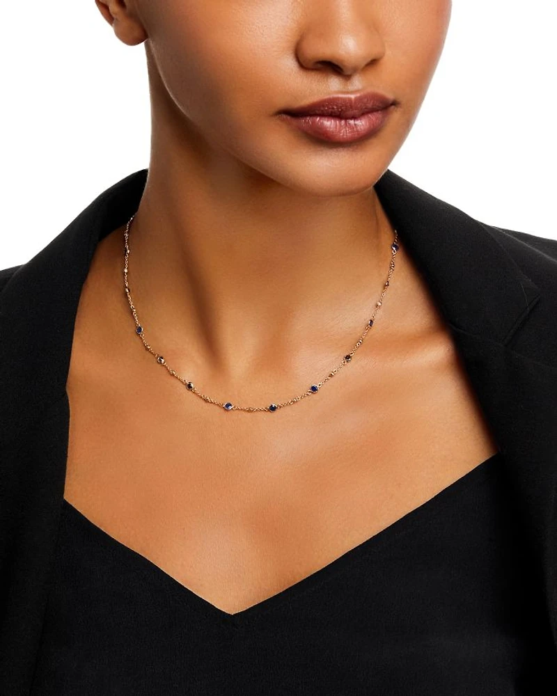 Precious Gemstone & Diamond Bezel Station Collar Necklace Collection 14K Yellow Gold, 16-18"