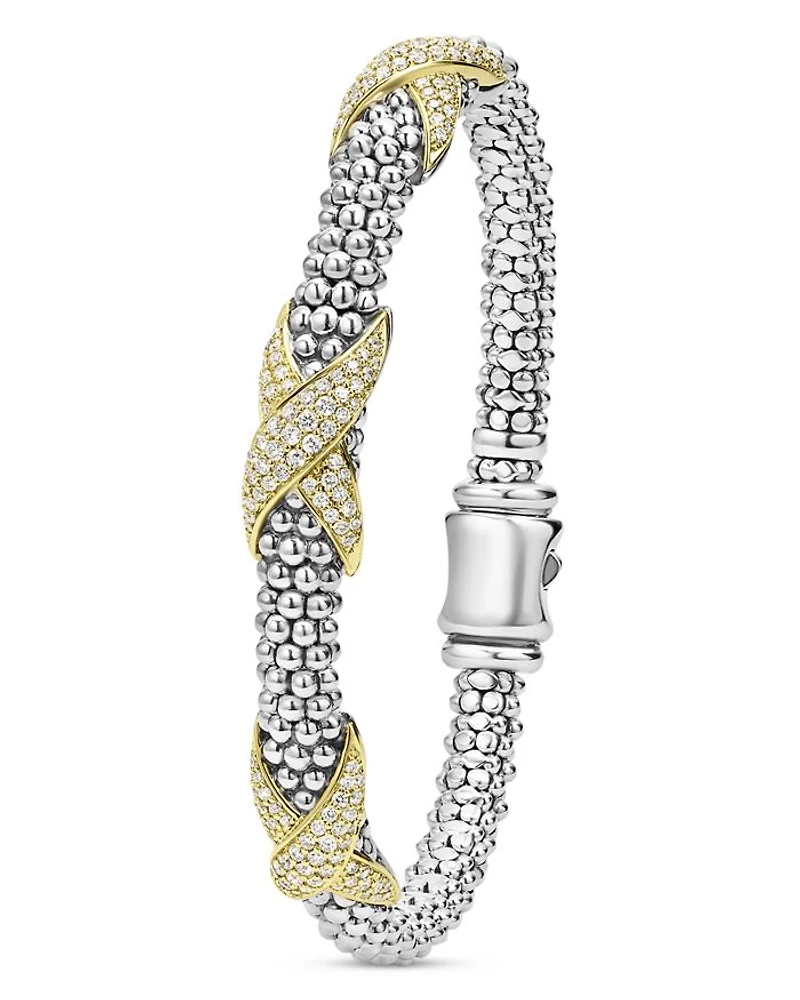 18K Yellow Gold & Sterling Silver Embrace Diamond Pavé X Station Caviar Bead Bracelet