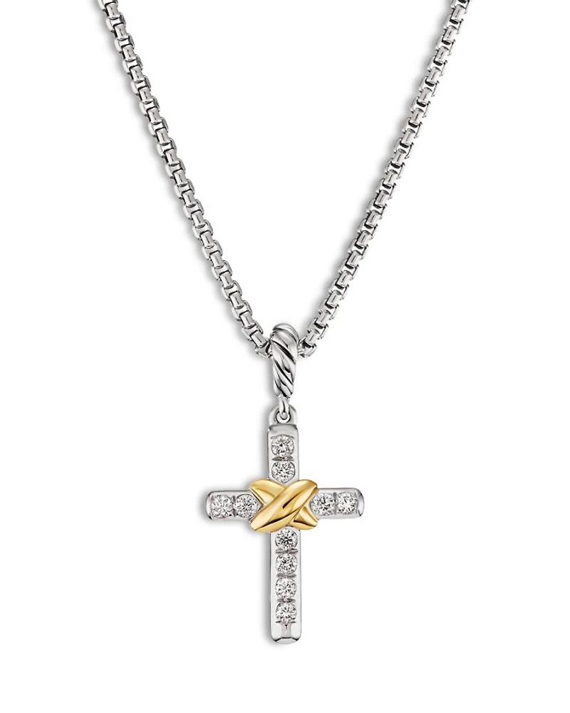 Petite Cross Necklace in Sterling Silver & 18K Yellow Gold with Diamonds, 17"