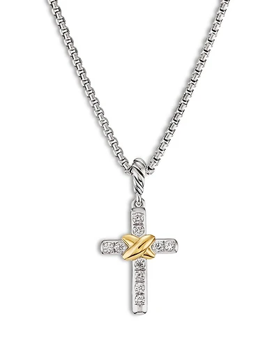 Petite Cross Necklace in Sterling Silver & 18K Yellow Gold with Diamonds, 17"