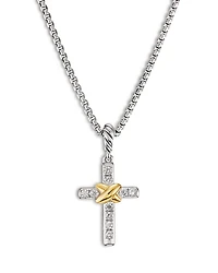 Petite Cross Necklace in Sterling Silver & 18K Yellow Gold with Diamonds, 17"