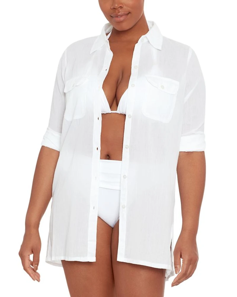 Crushed Cotton Camp Shirt Swim Cover-Up