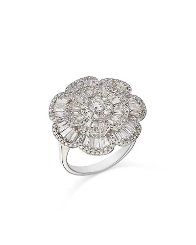 Diamond Round & Baguette Flower Ring in 14K White Gold, 1.50 tcw