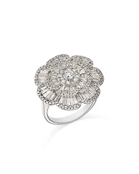 Diamond Round & Baguette Flower Ring in 14K White Gold, 1.50 tcw