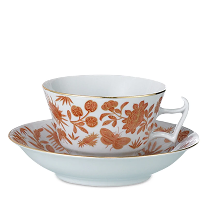Mottahedeh Sacred Bird & Butterfly Orange Teacup and Saucer