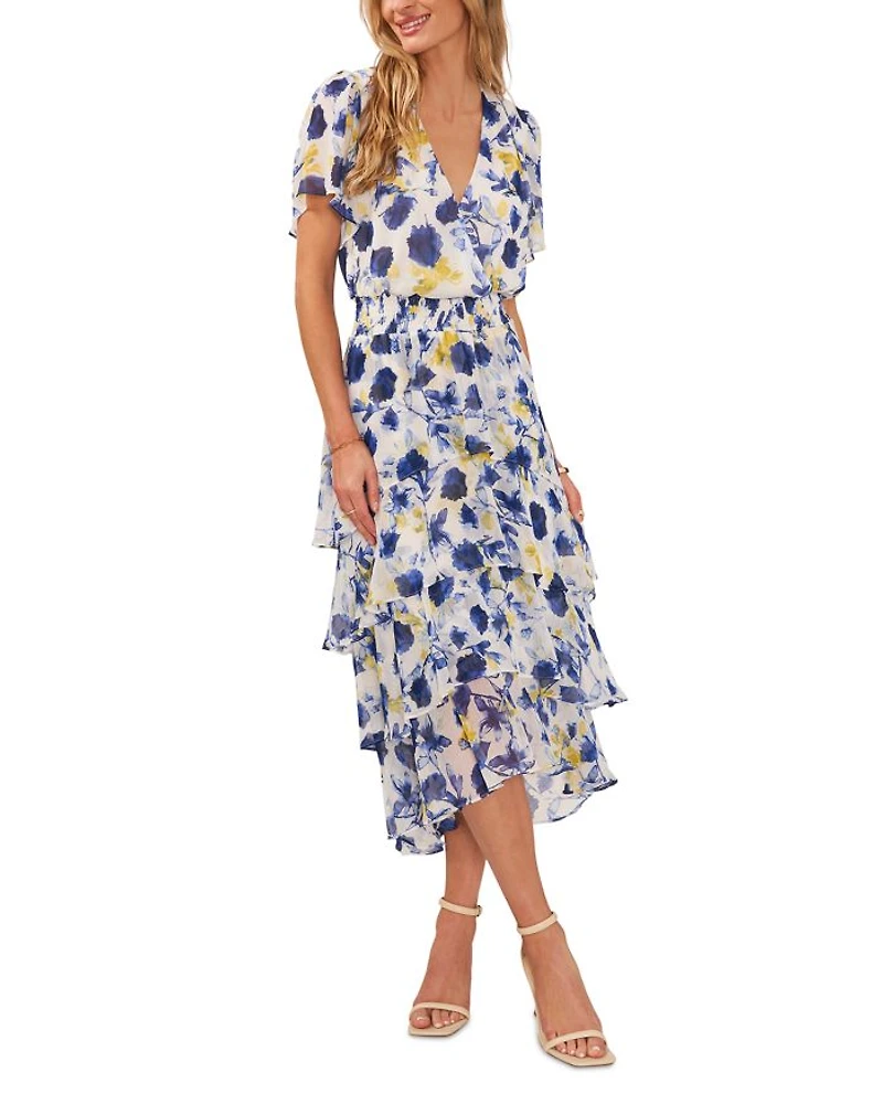 Floral Print Flutter Sleeve Tiered Ruffle Midi Dress
