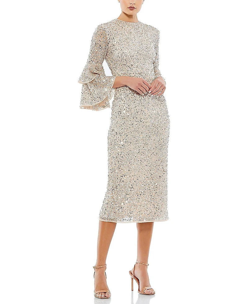 Mac Duggal Fully Sequined Ruffle Tiered 3/4 Sleeve Midi Dress