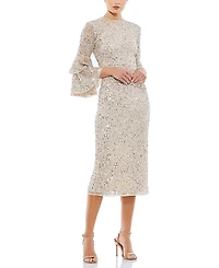 Mac Duggal Fully Sequined Ruffle Tiered 3/4 Sleeve Midi Dress