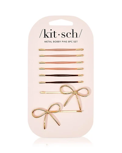 Metal Enamel Puffy & Bow Bobby Pins - Rosewood, Set of 8
