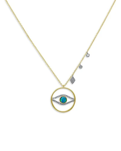 14K Yellow Gold & 14K White Gold Opal & Diamond Evil Eye Circle Necklace, 18"