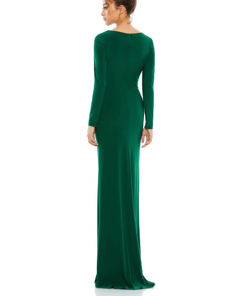 Long Sleeve Ruched Jersey V-Neck Gown
