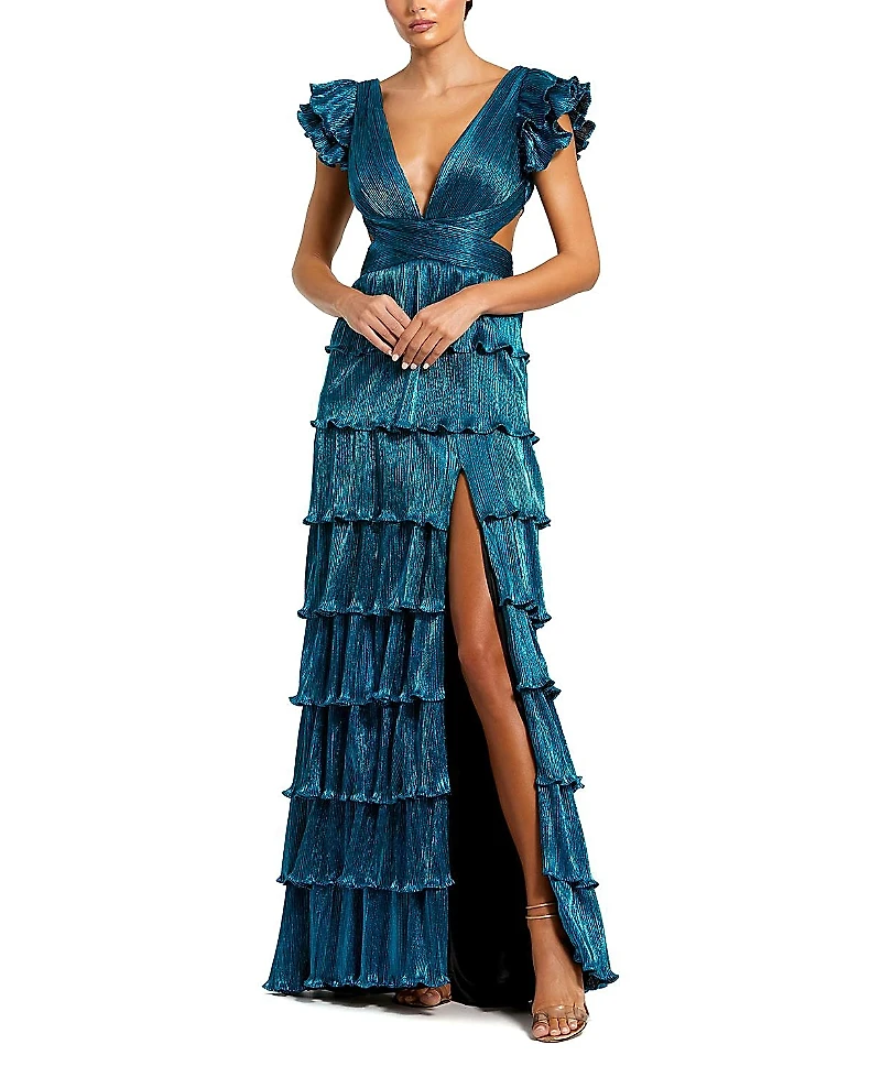 Mac Duggal Ruffle Tiered Criss Cross Lace Up Gown