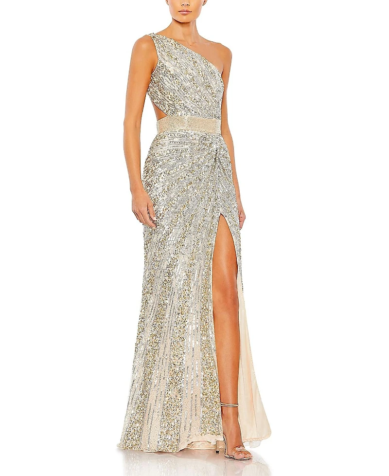Mac Duggal Sequined One Shoulder Draped Lace Up Gown