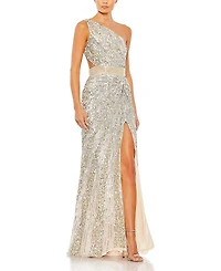 Mac Duggal Sequined One Shoulder Draped Lace Up Gown